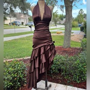 Blondie Nites Chocolate Asymmetrical Halter Dress
